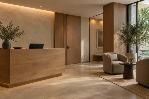 Premium commercial restroom with coordinated partitions and fixtures